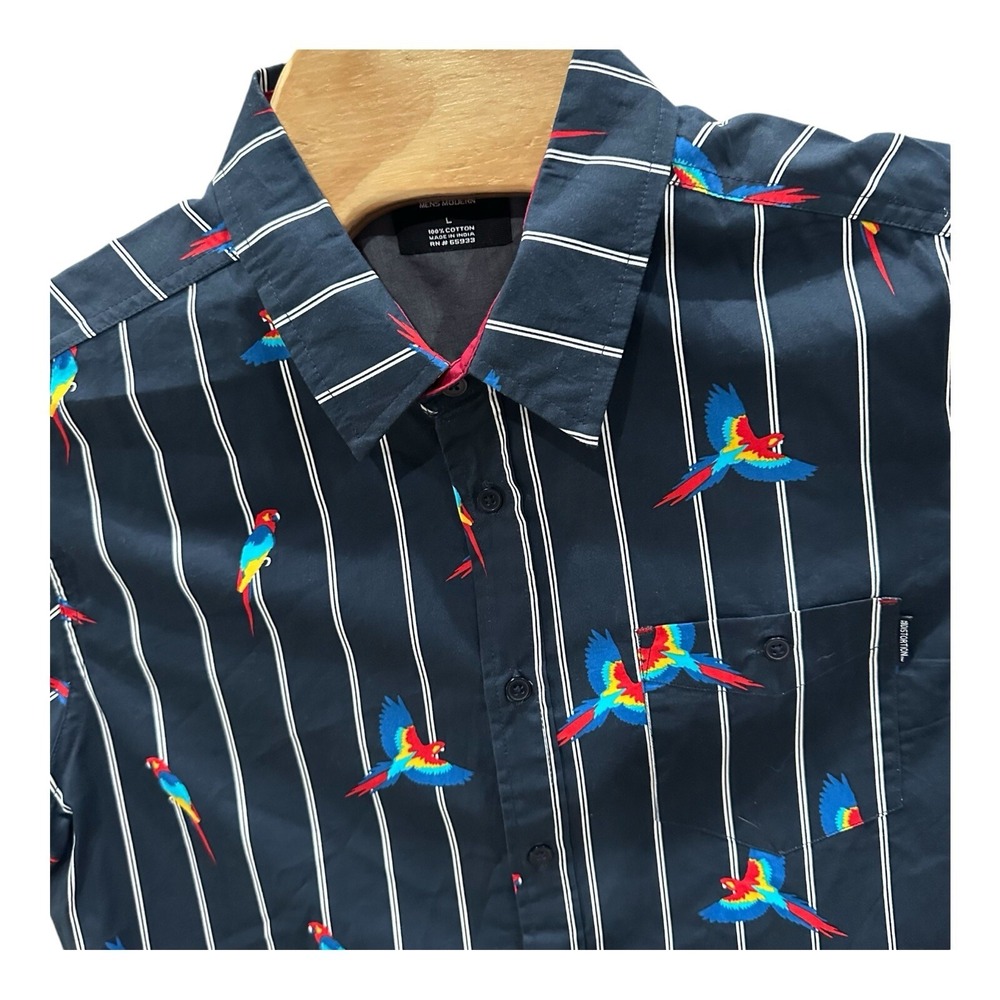Distortion Parrots Men's Large Shirt Short Sleeve Stripes Tropical Navy Blue